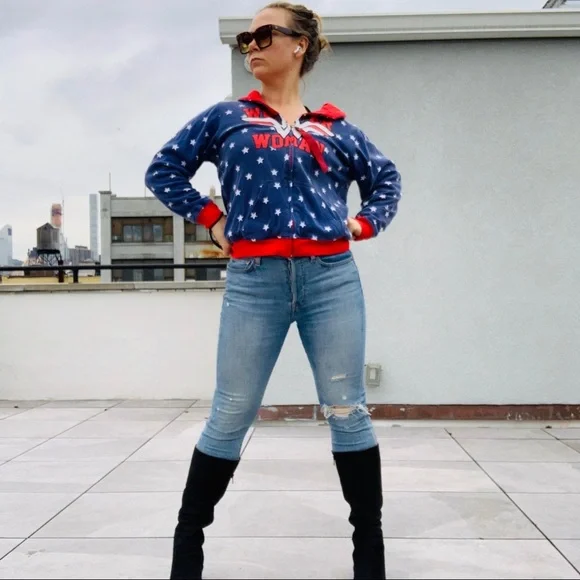 Vintage 2in1 Wonder Woman Red White Blue Star Stripe Double Side Turning Hoodie - Picture 4 of 16